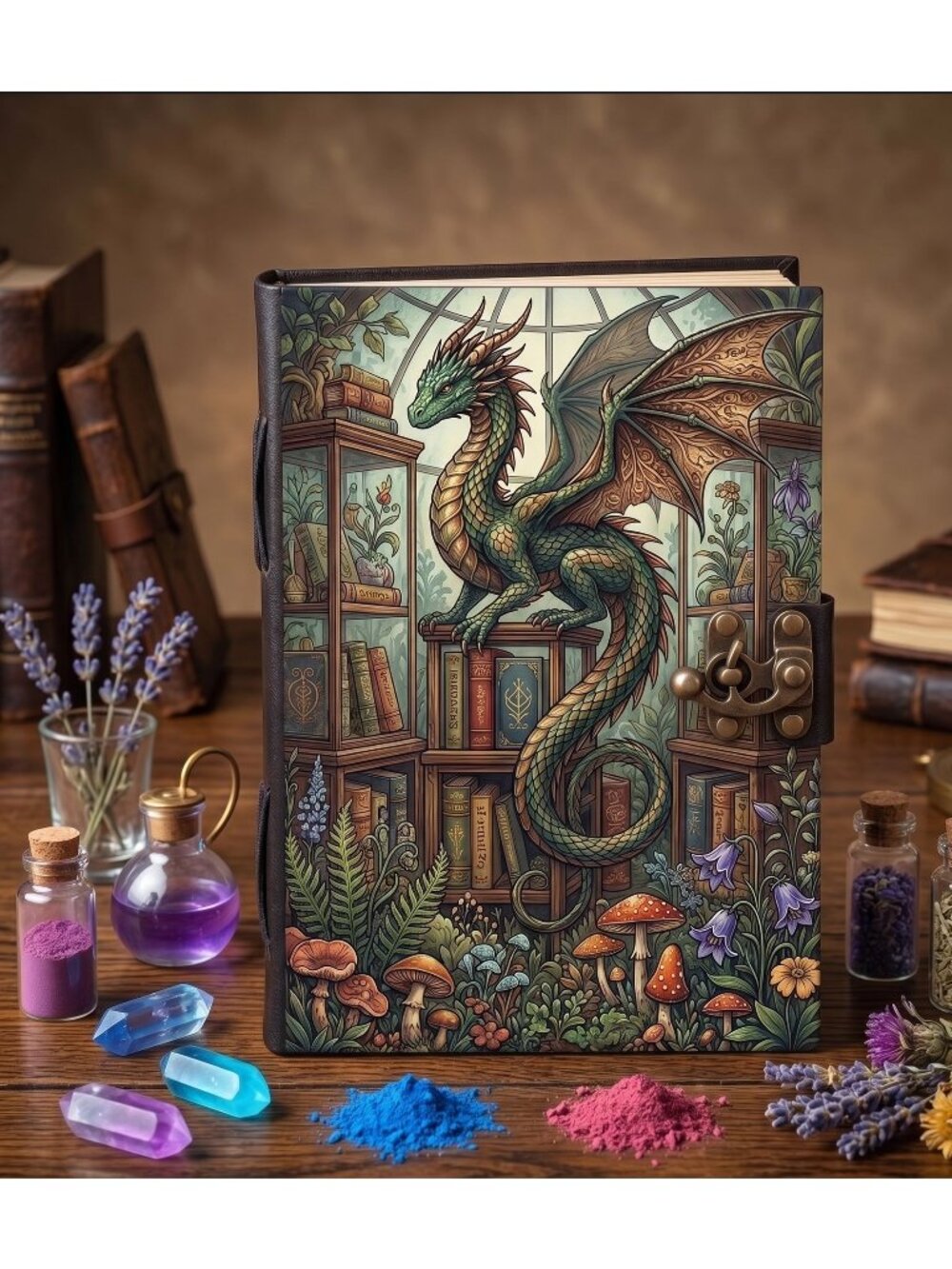 Sakura Vintage Leather Grimoire Dragon Library Green Gold 7x5 C-Lock Journal